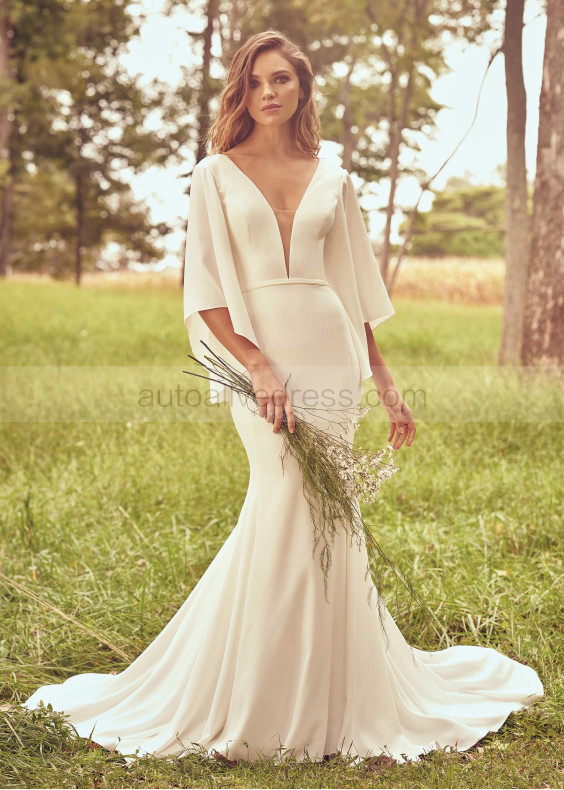 Flutter Sleeve Ivory Crepe V Back Wedding Dress